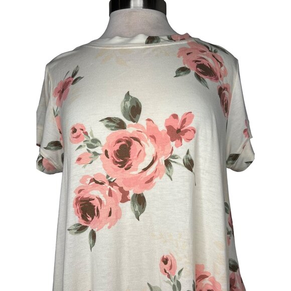 Lula Roe Medium Top short Sleeve Round Neck White Pink Floral Stretch - Picture 2 of 14